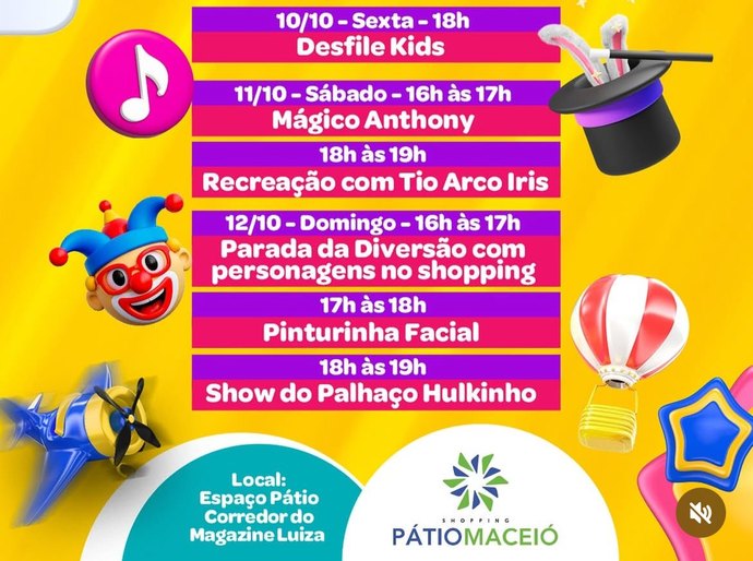 Pátio da Diversão anima fim de semana das crianças no Shopping Pátio Maceió