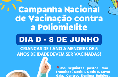 DIA D contra a Poliomielite acontece neste sábado (8), Palmeira terá 10 pontos de vacinação