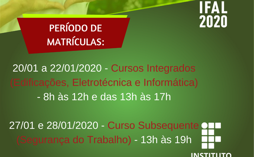 Matrícula para ingressantes no Ifal Palmeira será de 20/01 a 22/01 (integrados) e nos dias 27/01 e 28/01 (subsequente)