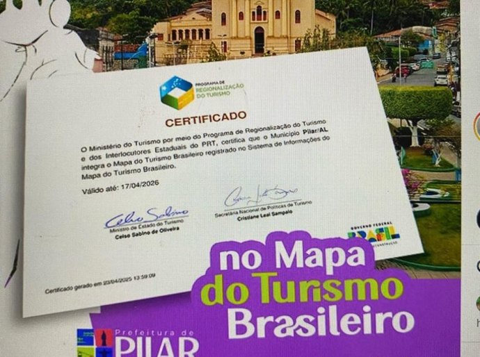 Pilar comemora ação do Ministério do Turismo que lhe credencia mais uma vez no Mapa do Turismo Nacional