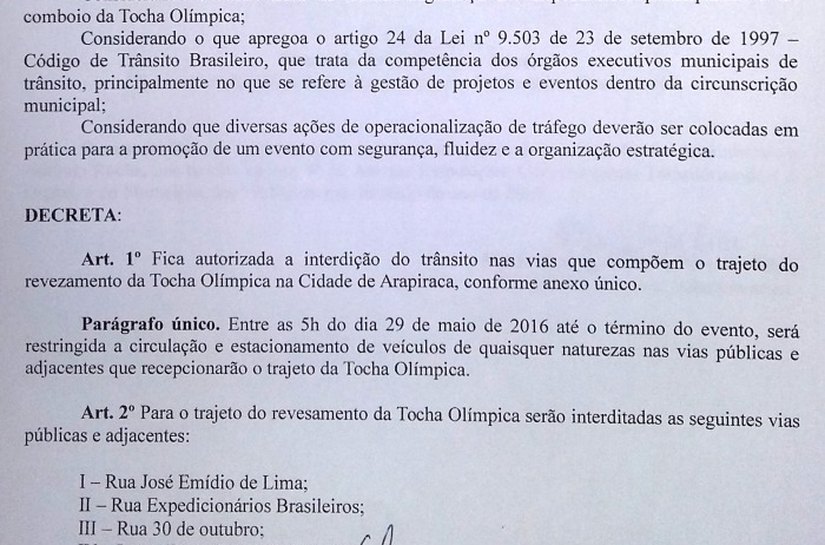 Decreto oficializa rota da passagem da Tocha em Arapiraca