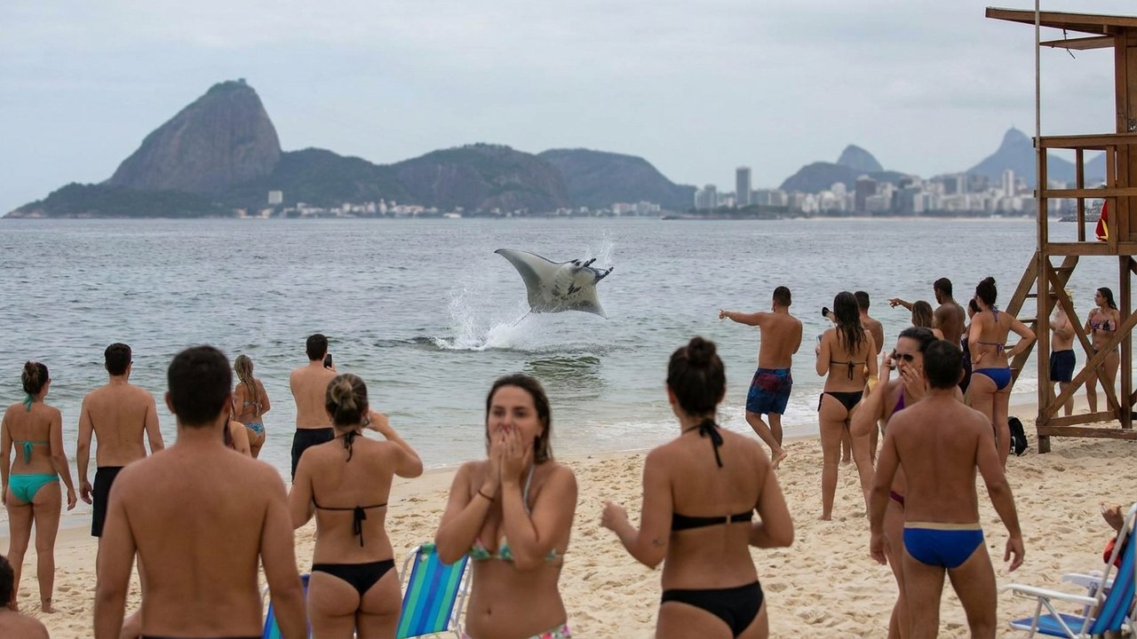 Arraia surpreende banhistas ao saltar em praia de Niterói