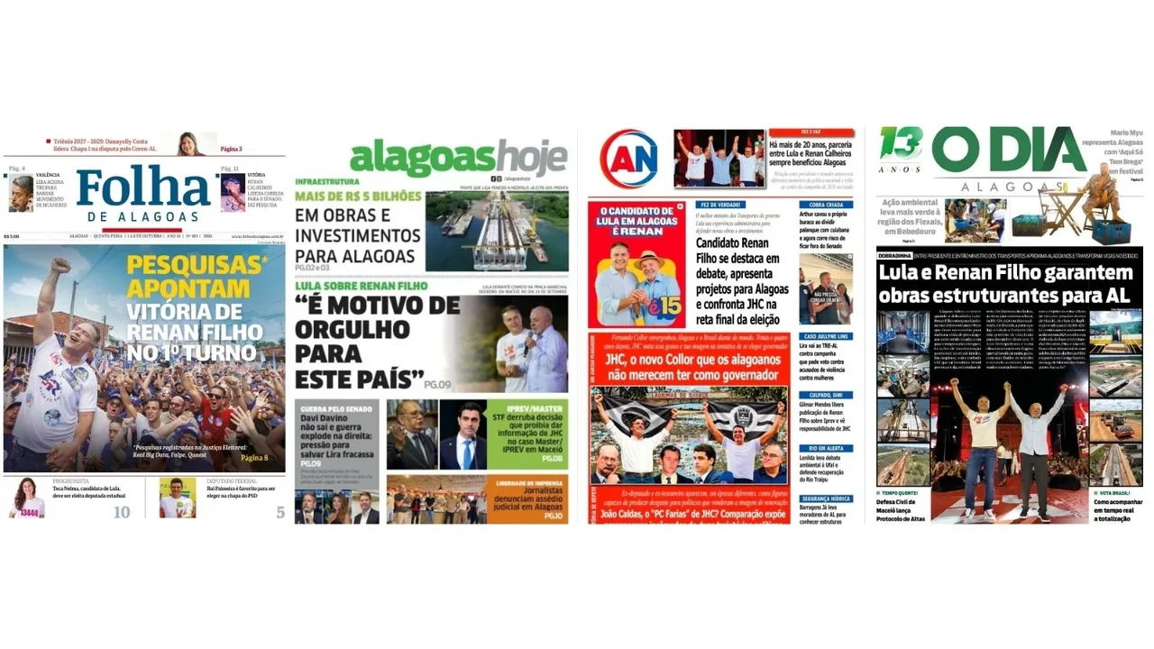 Jornais alagoanos põem Renan Filho em evidência e ressaltam parceria com Lula em benefício de Alagoas