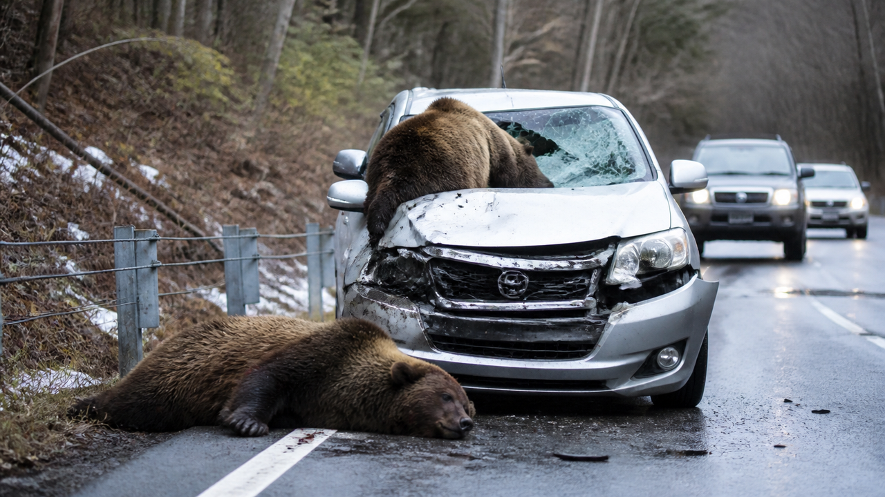 Acidente inesperado: carro colide com urso no Japão