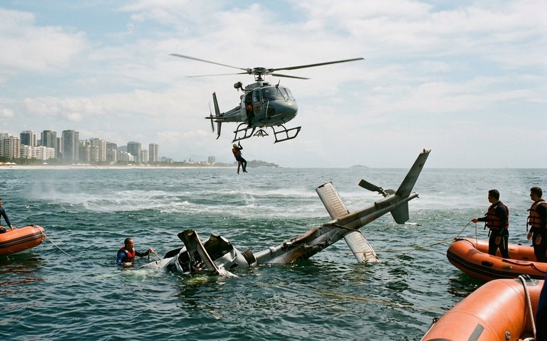 Helicóptero cai no mar da Barra da Tijuca, no Rio de Janeiro