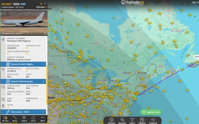 Número de aviões de reabastecimento dos EUA se dirige ao Atlântico Norte e a ilhas britânicas