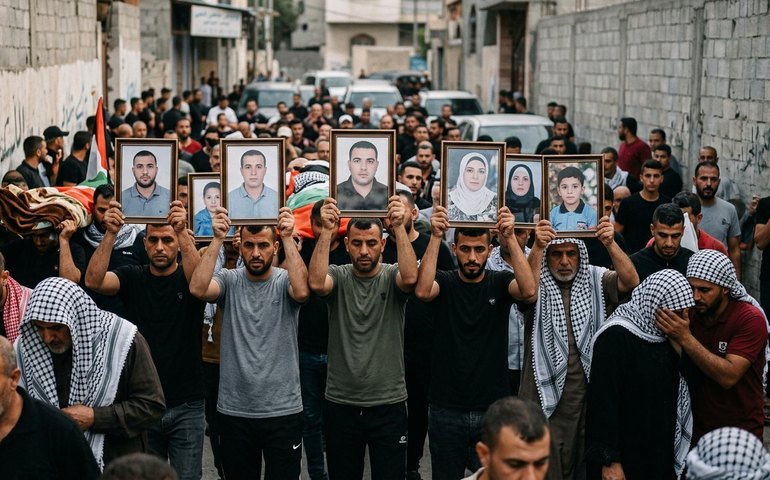 Participantes de funeral conjunto exibem fotos dos familiares assassinados por Israel
