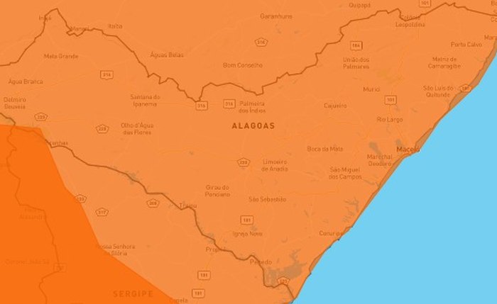 Alerta de cor laranja é emitido para todos os municípios de Alagoas