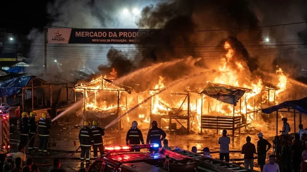 Noite de prejuízo no Mercado da Produção: incêndio destrói cerca de 50 barracas em Maceió