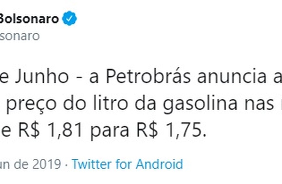 TWITTER BOLSONARO REDUÇÃO GASOLINA / Foto: PRINT TWITTER