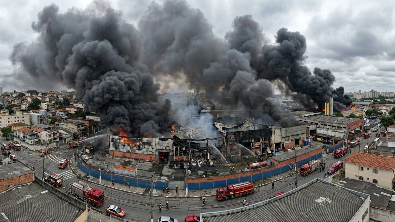 Incêndio de grandes proporções atinge fábrica no Jabaquara, na zona sul de São Paulo