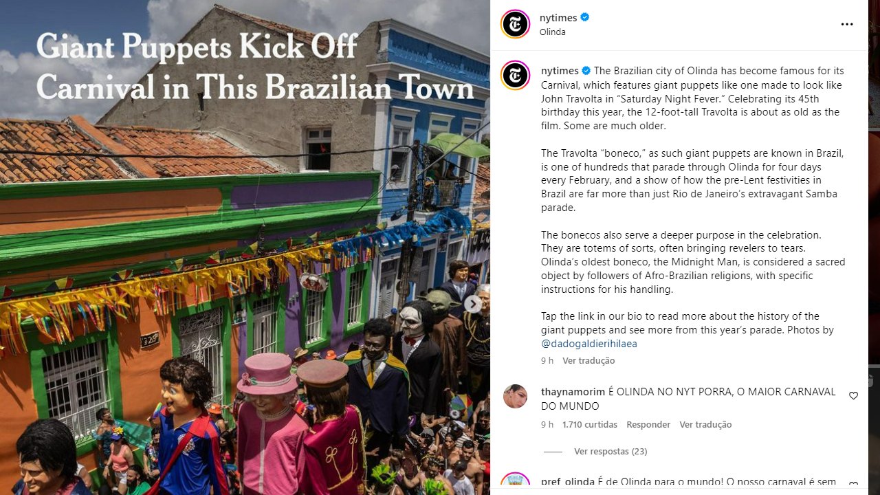 Olinda ganha destaque no jornal americano por causa dos bonecos gigantes