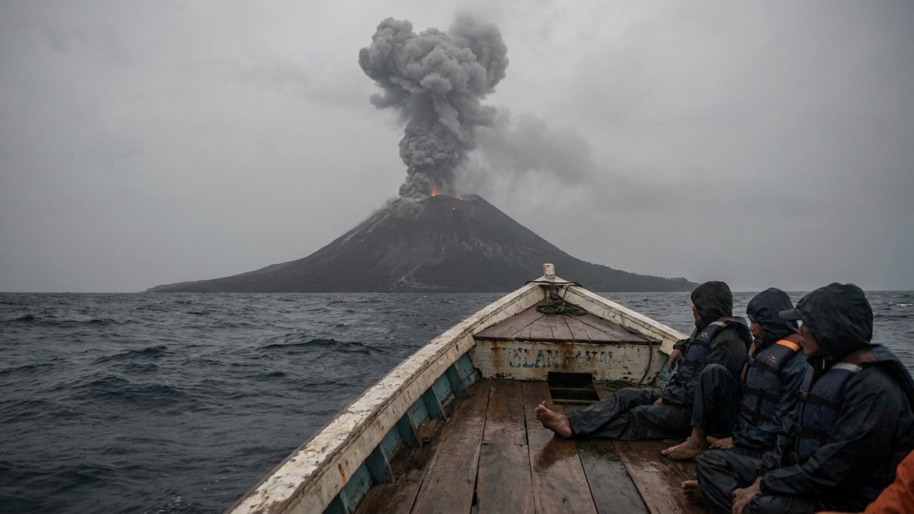 Assentos VIP: erupção do vulcão Anak Krakatau, na Indonésia, é vista de barco