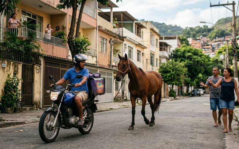 Cavalo acompanha entregador de aplicativo e surpreende moradores no Rio de Janeiro