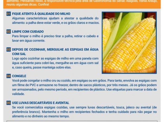 Dica Senac: confira cuidados na hora de limpar, cozinhar e comercializar o milho