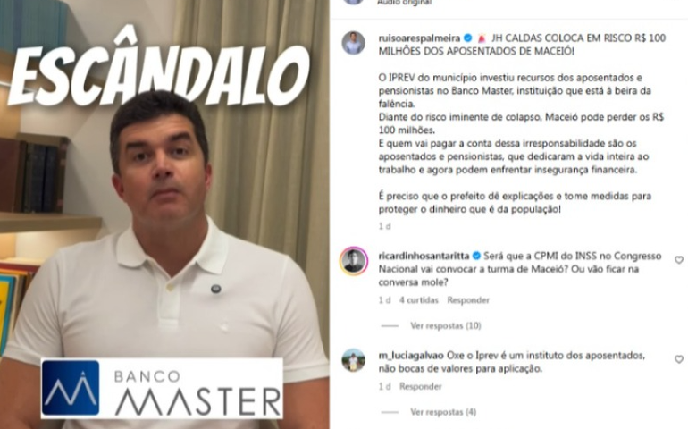 Prefeitura de Maceió exonera todos os comissionados do IPREV após escândalo dos R$ 100 milhões aplicados no Banco Master denunciados por Rui Palmeira