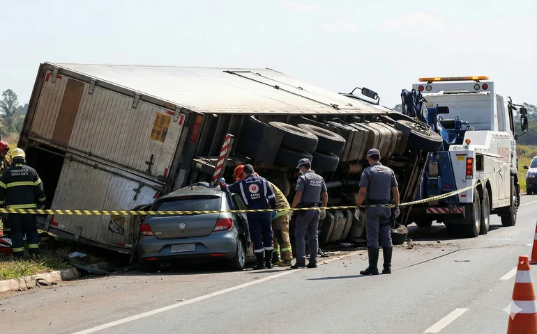 Caminhão tomba sobre carro e deixa quatro mortos na SP-322, em Monte Azul Paulista