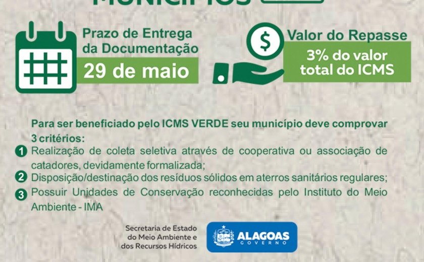 Prazo para cadastro no ICMS Verde de Alagoas acaba na segunda-feira (29)