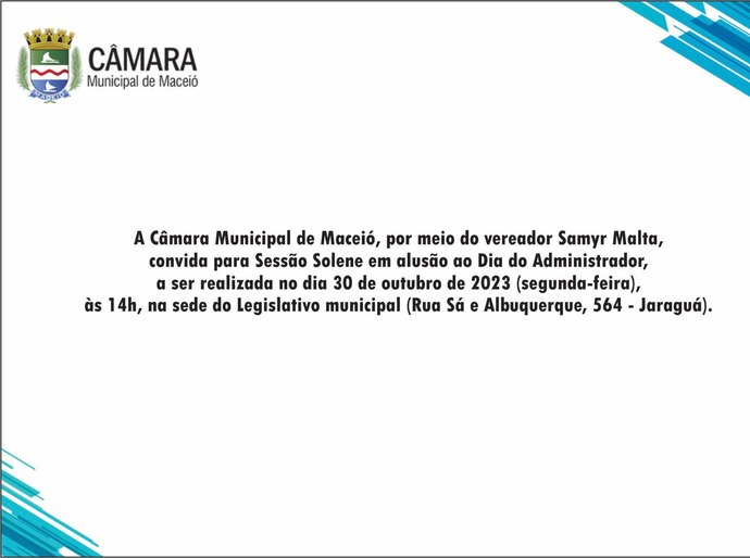 Vereador Samyr Malta homenageará administradores em sessão solene na Câmara de Maceió