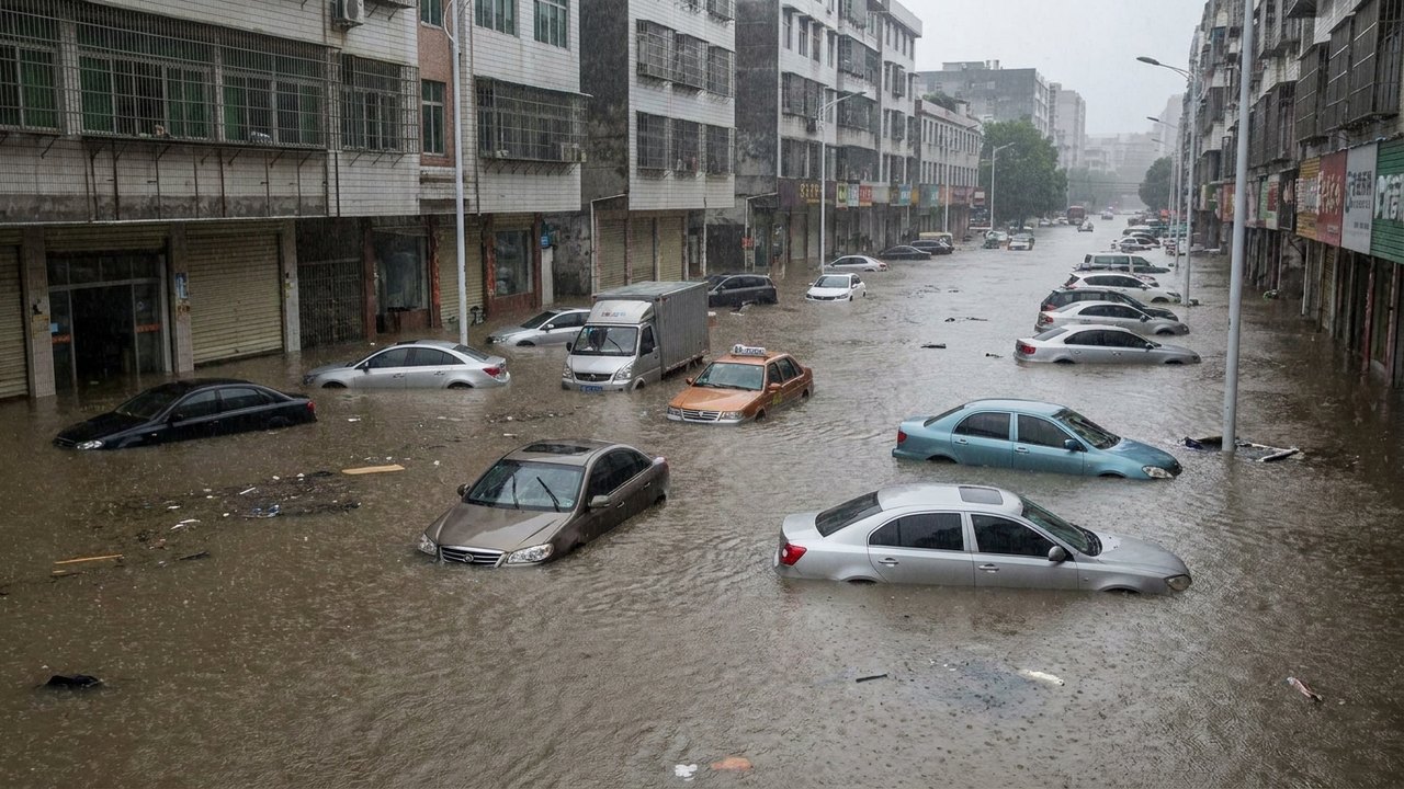 Carros ficam submersos após 45,8 mm de chuva em apenas 2 horas na China