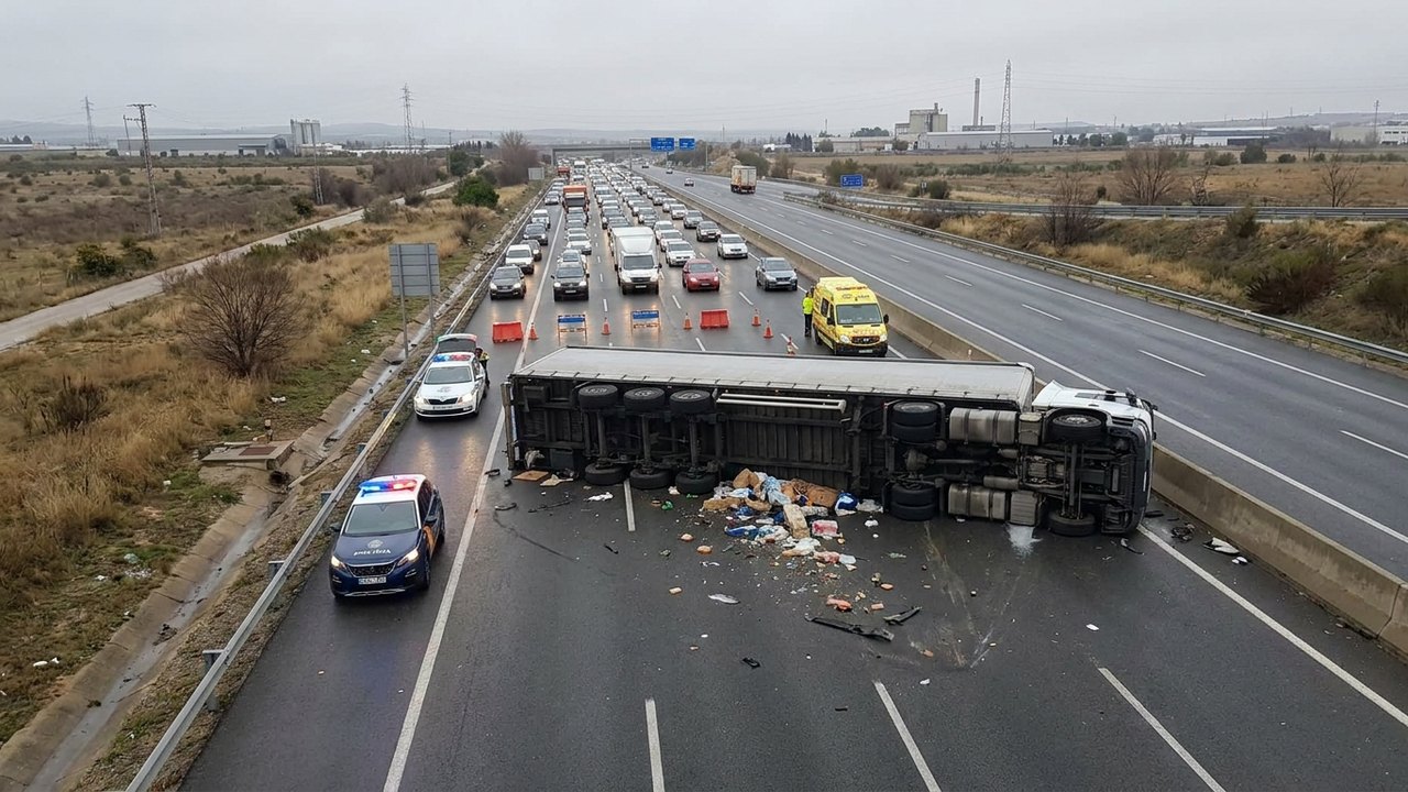 Carreta tomba e interdita Arco Metropolitano; motorista é levado para hospital