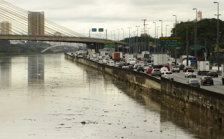 Caminhão tomba na Marginal Tietê e provoca congestionamento