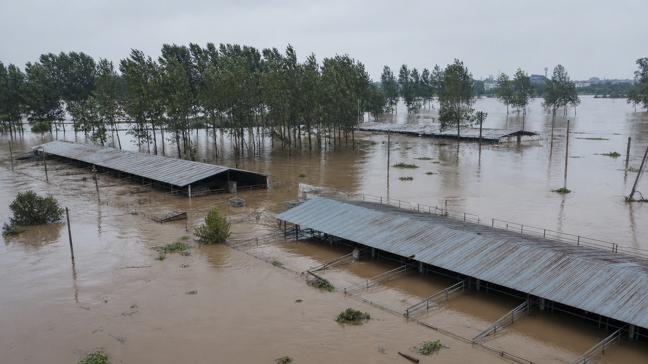 Chiqueiros ficam submersos com enchentes na China
