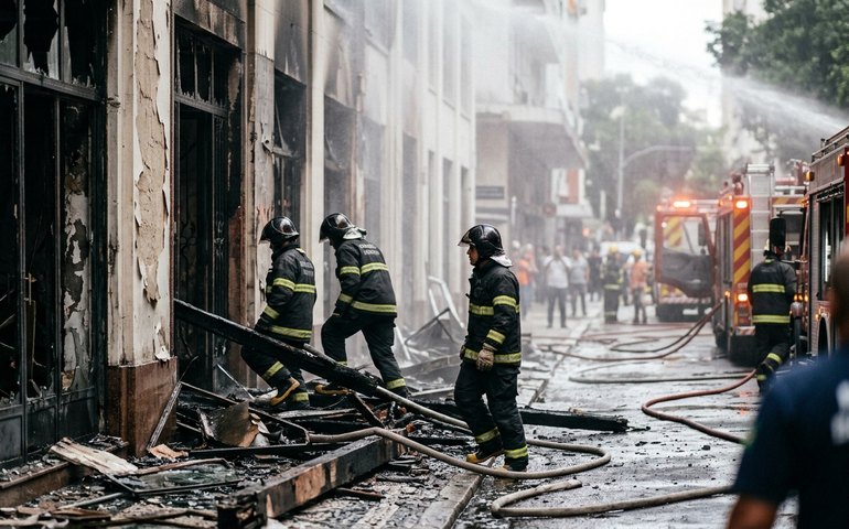 Funcionários atuam em área atingida por incêndio no Edifício Touring, no Rio