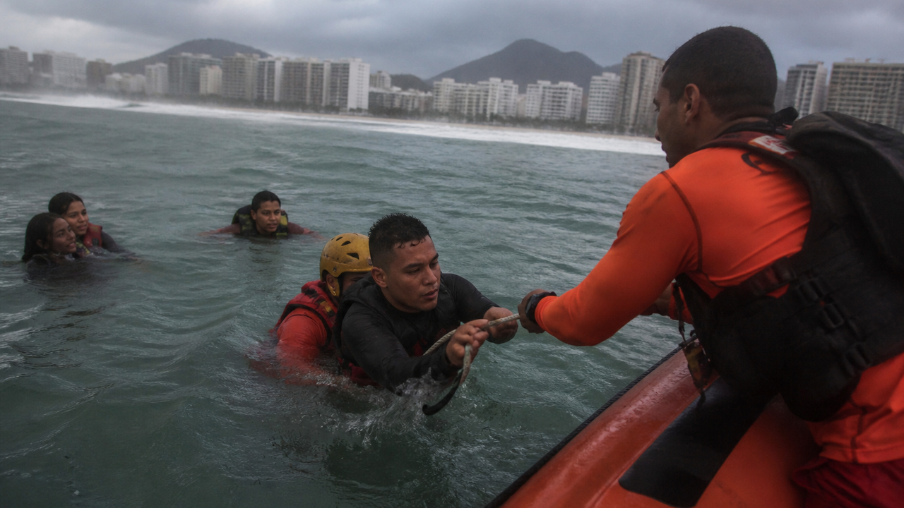 Vinte pessoas são resgatadas do mar por bombeiros após ventania na Barra da Tijuca