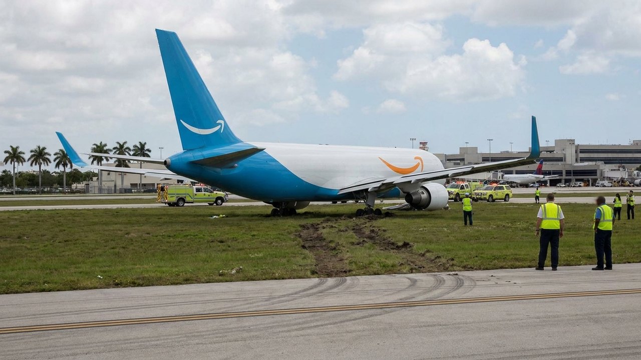 Avião de carga da Amazon sai da pista durante decolagem no aeroporto de Miami