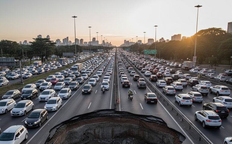 Buraco se abre na Marginal Tietê e provoca congestionamento de 50 km