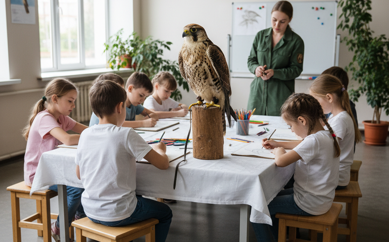Falcão Ali vira 'modelo' em oficina de desenho no Zoológico de Moscou
