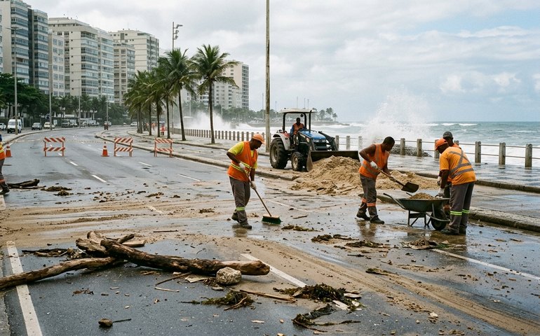 Avenida Delfim Moreira é interditada para limpeza após ressaca no mar