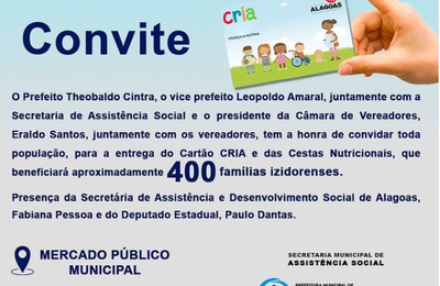 Prefeitura de Major Izidoro entrega nesta quinta, 2, cartões Cria e cestas nutricionais