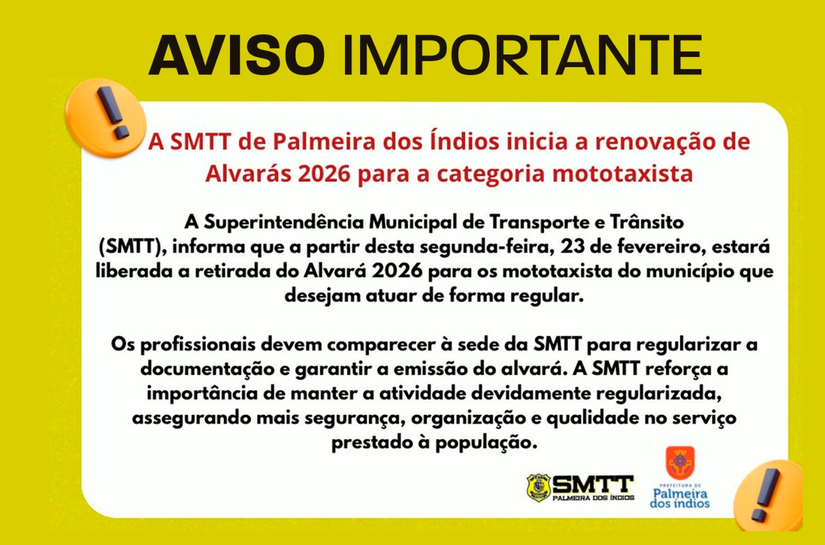 SMTT de Palmeira dos Índios inicia renovação de alvarás 2026 para mototaxistas