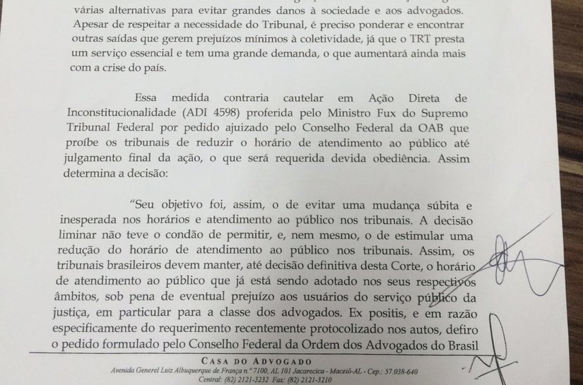 OAB/AL encaminha requerimento pedindo que TRT-19 reveja mudança de horário