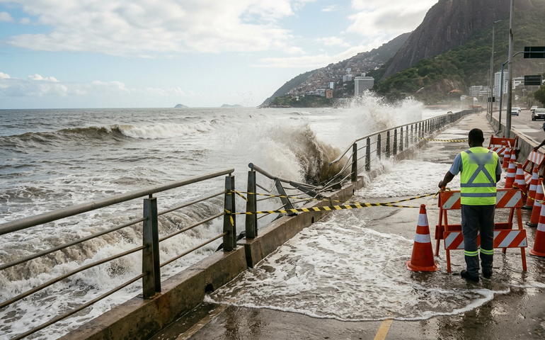 Ciclovia Tim Maia é interditada após ondas de dois metros atingirem trecho