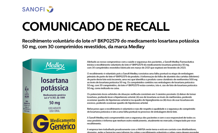 Medicamento Losartna potássica, do laboratório Medley é retirado do comércio