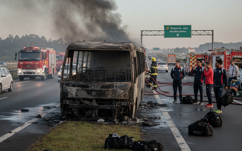 Micro-ônibus com atletas de caratê pega fogo na Rodovia dos Bandeirantes