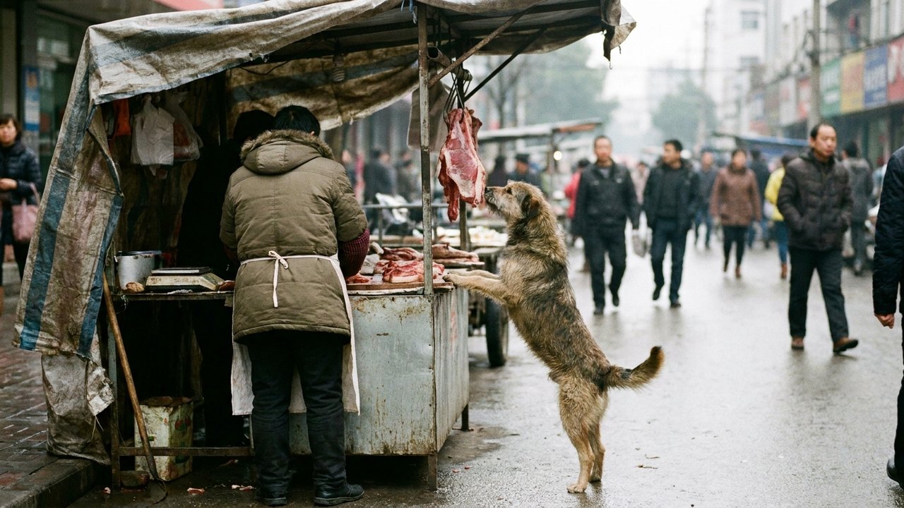 Cachorro tenta pegar pedaço de carne em banca de rua, na China