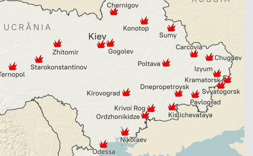 Confira o mapa dos ataques russos contra instalações militares na Ucrânia de 20 a 26 de maio