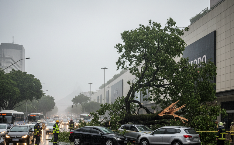 Chuva forte provoca queda de árvore sobre carros em Botafogo