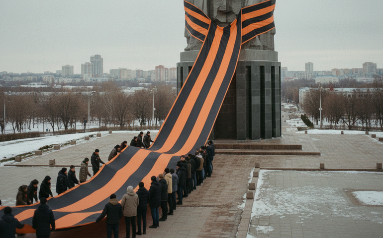 Donetsk celebra Dia do Defensor da Pátria com fita de 200 metros em monumento histórico
