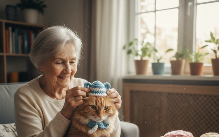 Vovó conquista a internet ao criar acessórios de crochê para seu gato