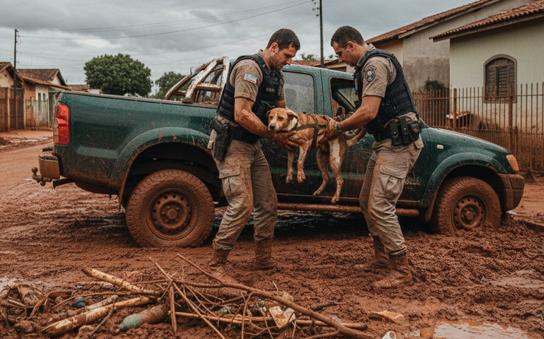 Cachorra paraplégica é resgatada sob veículo coberto de lama após enchente em Ubá