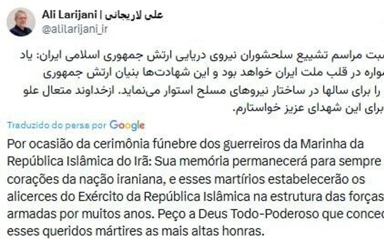 Larijani se pronuncia após Israel anunciar sua morte e presta condolências