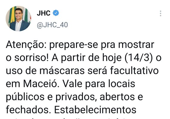 Maceió libera uso de máscara em todos os locais