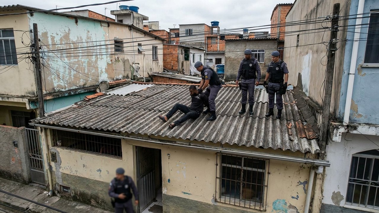 Homem tenta escapar de policiais penais subindo no telhado de casa, mas é alcançado
