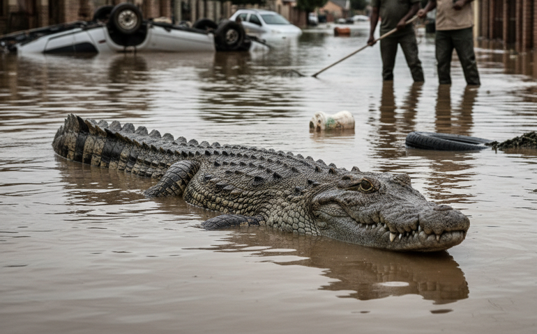 Crocodilos são avistados durante enchentes na África do Sul