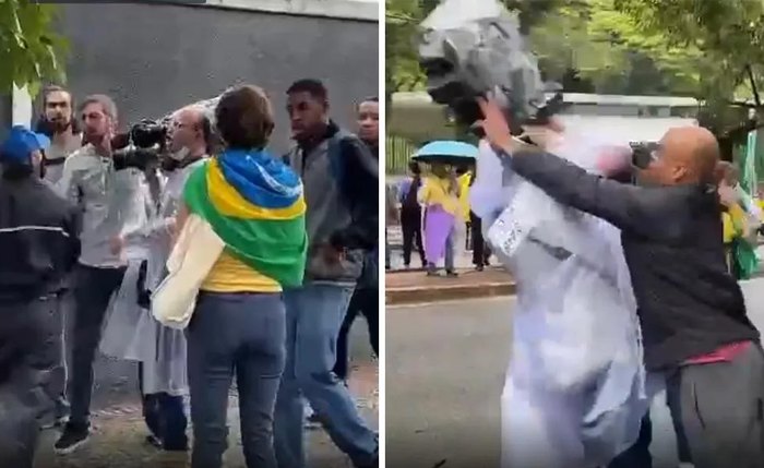 Imagens mostrou que a confusão começou quando uma mulher jogou parte do equipamento no chão
